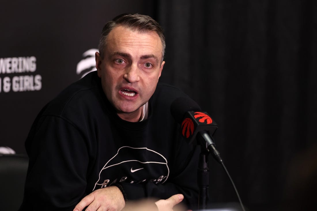 Jan 9, 2024; Los Angeles, California, USA;  Toronto Raptors head coach Darko Rajakovic speaks to media before the game against the Los Angeles Lakers at Crypto.com Arena. Mandatory Credit: Kiyoshi Mio-USA TODAY Sports