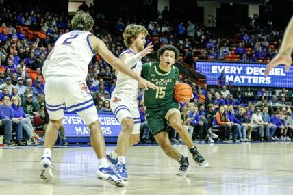 Jan 9, 2024; Boise, Idaho, USA; Colorado State Rams guard Jalen Lake (15) drives the ball against against the Boise State Broncos during the first half at ExtraMile Arena. Mandatory Credit: Brian Losness-USA TODAY Sports