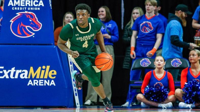 Jan 9, 2024; Boise, Idaho, USA; Colorado State Rams guard Isaiah Stevens (4) dribbles the ball up court during the first half against the Boise State Broncos at ExtraMile Arena. Mandatory Credit: Brian Losness-USA TODAY Sports