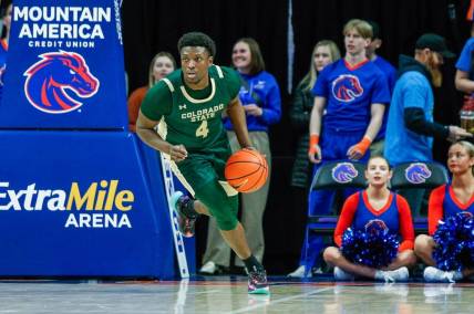 Jan 9, 2024; Boise, Idaho, USA; Colorado State Rams guard Isaiah Stevens (4) dribbles the ball up court during the first half against the Boise State Broncos at ExtraMile Arena. Mandatory Credit: Brian Losness-USA TODAY Sports