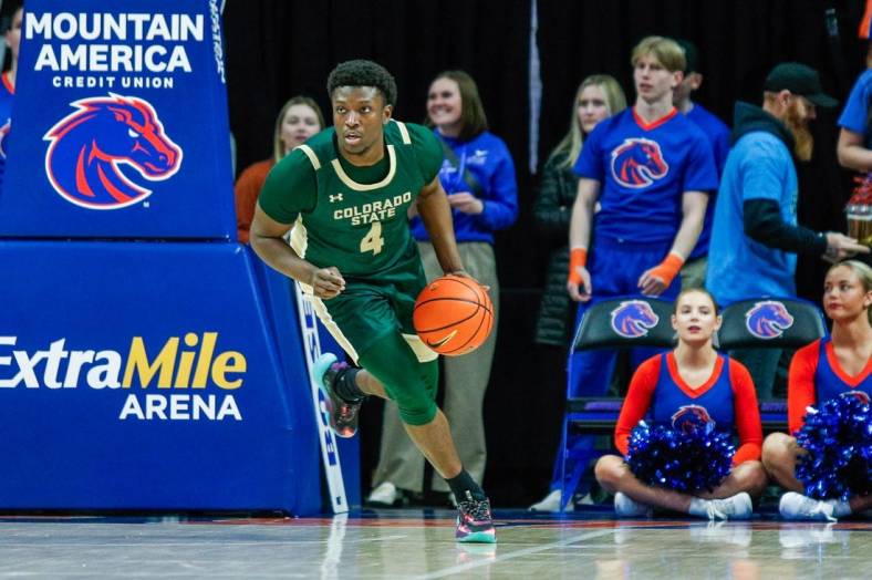 Jan 9, 2024; Boise, Idaho, USA; Colorado State Rams guard Isaiah Stevens (4) dribbles the ball up court during the first half against the Boise State Broncos at ExtraMile Arena. Mandatory Credit: Brian Losness-USA TODAY Sports