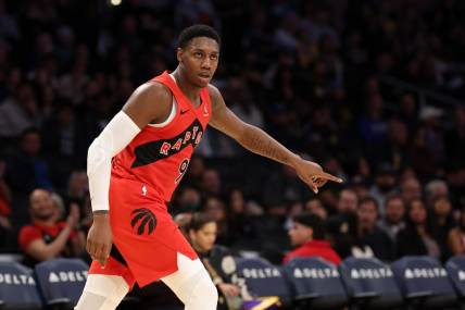 Jan 9, 2024; Los Angeles, California, USA;  Toronto Raptors guard RJ Barrett (9) reacts after making a basket during the third quarter against the Los Angeles Lakers at Crypto.com Arena. Mandatory Credit: Kiyoshi Mio-USA TODAY Sports