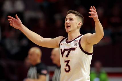 Jan 10, 2024; Blacksburg, Virginia, USA; Virginia Tech Hokies guard Sean Pedulla (3) waves to the crowd during the first half against the Clemson Tigers at Cassell Coliseum. Mandatory Credit: Peter Casey-USA TODAY Sports