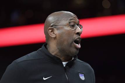 Jan 10, 2024; Charlotte, North Carolina, USA; Sacramento Kings head coach Mike Brown reacts during the first half against the Charlotte Hornets at the Spectrum Center. Mandatory Credit: Sam Sharpe-USA TODAY Sports