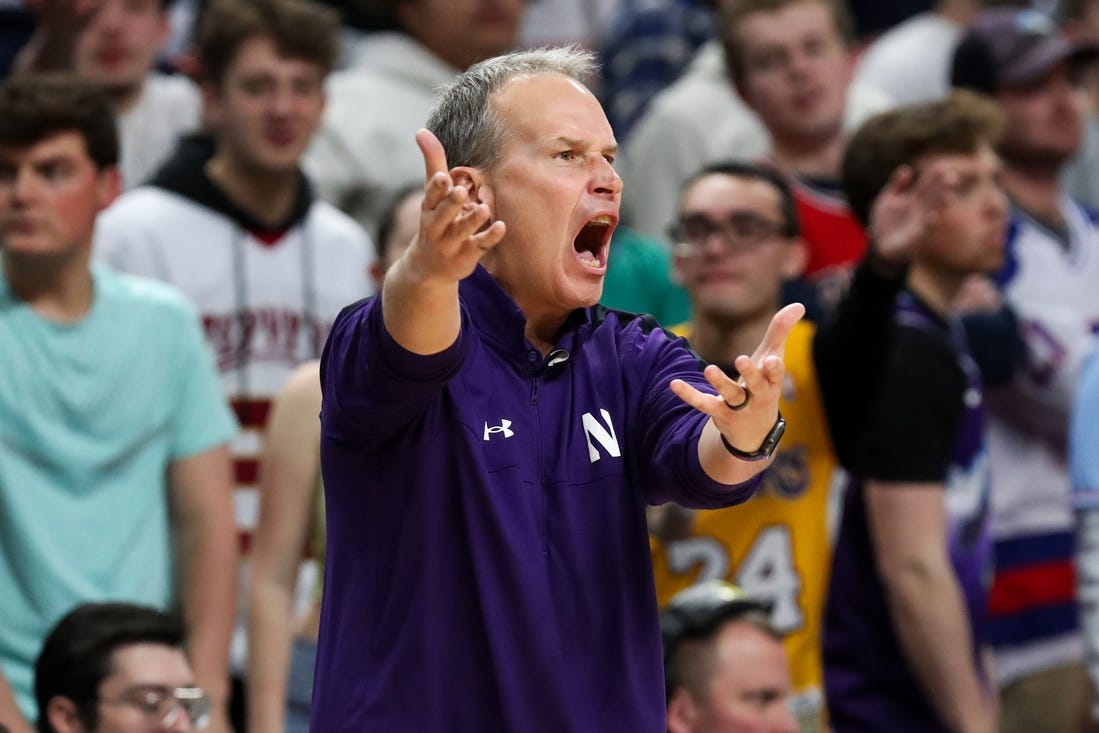 Jan 10, 2024; University Park, Pennsylvania, USA; Northwestern Wildcats head coach Chris Collins argues a call from the bench during the first half against the Penn State Nittany Lions at Bryce Jordan Center. Mandatory Credit: Matthew O'Haren-USA TODAY Sports