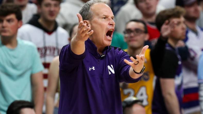 Jan 10, 2024; University Park, Pennsylvania, USA; Northwestern Wildcats head coach Chris Collins argues a call from the bench during the first half against the Penn State Nittany Lions at Bryce Jordan Center. Mandatory Credit: Matthew O'Haren-USA TODAY Sports