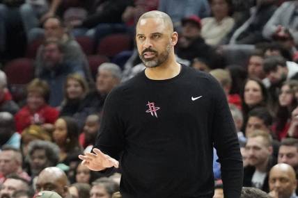 Jan 10, 2024; Chicago, Illinois, USA; Houston Rockets head coach Ime Udoka gestures to his team during the first quarter at United Center. Mandatory Credit: David Banks-USA TODAY Sports