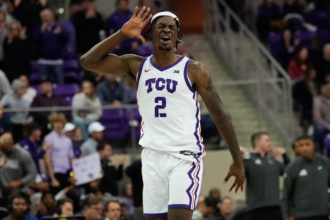 Jan 10, 2024; Fort Worth, Texas, USA; TCU Horned Frogs forward Emanuel Miller (2) celebrates after scoring against the Oklahoma Sooners during the second half at Ed and Rae Schollmaier Arena. Mandatory Credit: Chris Jones-USA TODAY Sports