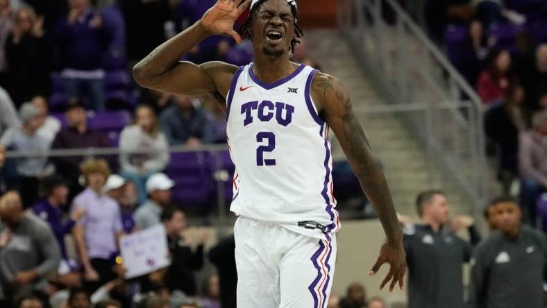 Jan 10, 2024; Fort Worth, Texas, USA; TCU Horned Frogs forward Emanuel Miller (2) celebrates after scoring against the Oklahoma Sooners during the second half at Ed and Rae Schollmaier Arena. Mandatory Credit: Chris Jones-USA TODAY Sports