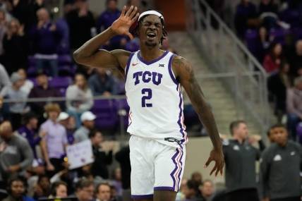 Jan 10, 2024; Fort Worth, Texas, USA; TCU Horned Frogs forward Emanuel Miller (2) celebrates after scoring against the Oklahoma Sooners during the second half at Ed and Rae Schollmaier Arena. Mandatory Credit: Chris Jones-USA TODAY Sports