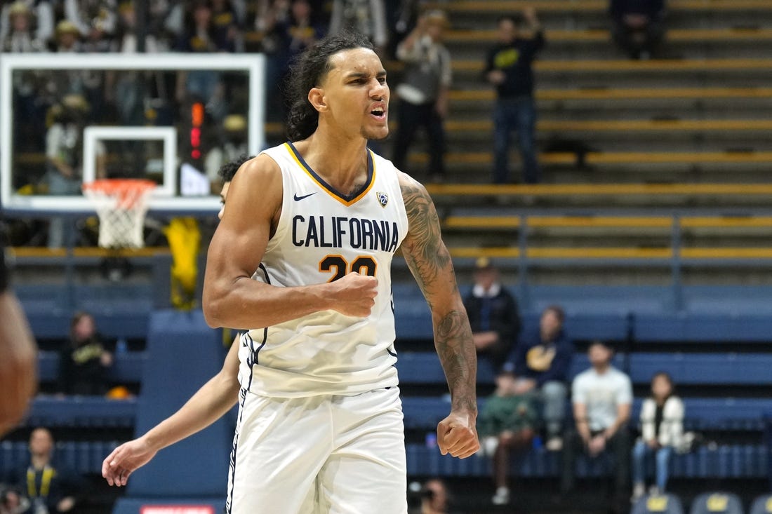 Jan 10, 2024; Berkeley, California, USA; California Golden Bears guard Jaylon Tyson (20) gestures towards the bench during the second half against the Colorado Buffaloes at Haas Pavilion. Mandatory Credit: Darren Yamashita-USA TODAY Sports