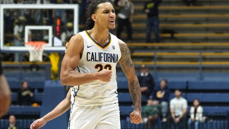 Jan 10, 2024; Berkeley, California, USA; California Golden Bears guard Jaylon Tyson (20) gestures towards the bench during the second half against the Colorado Buffaloes at Haas Pavilion. Mandatory Credit: Darren Yamashita-USA TODAY Sports