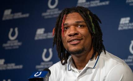 Indianapolis Cots Quarterback Anthony Richardson speaks to the media Thursday, Jan. 11, 2024 at the Indiana Farm Bureau Football Center, the Colts Complex.