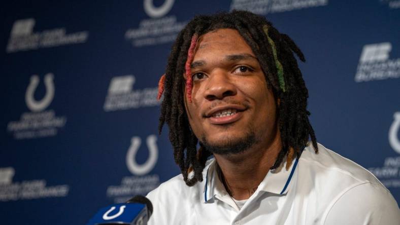 Indianapolis Cots Quarterback Anthony Richardson speaks to the media Thursday, Jan. 11, 2024 at the Indiana Farm Bureau Football Center, the Colts Complex.