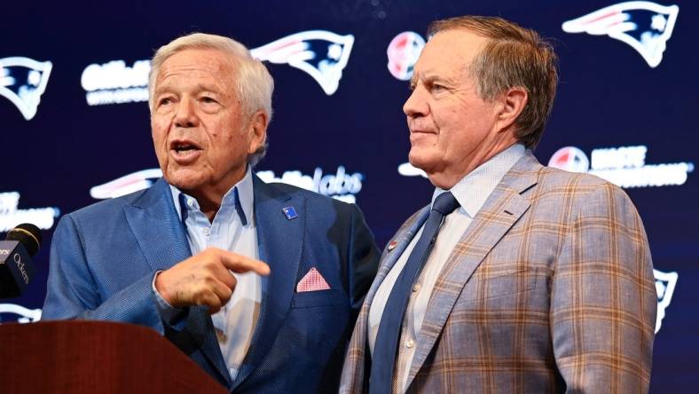 Jan 11, 2024; Foxborough, MA, USA; New England Patriots owner Robert Kraft (left) and Patriots former head coach Bill Belichick (right) and hold a press conference at Gillette Stadium to announce Belichick's exit from the team. Mandatory Credit: Eric Canha-USA TODAY Sports