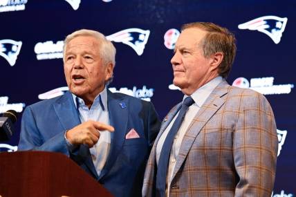 Jan 11, 2024; Foxborough, MA, USA; New England Patriots owner Robert Kraft (left) and Patriots former head coach Bill Belichick (right) and hold a press conference at Gillette Stadium to announce Belichick's exit from the team. Mandatory Credit: Eric Canha-USA TODAY Sports
