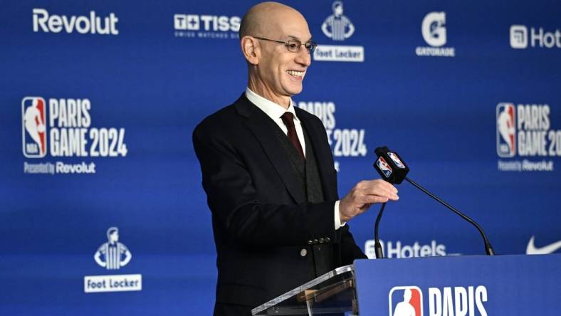 Jan 11, 2024; Paris, FRANCE; NBA commissioner Adam Silver speaks before a NBA Game between the Brooklyn Nets and the Cleveland Cavaliers at AccorHotels Arena. Mandatory Credit:  Alexis Reau/Presse Sports via USA TODAY Sports