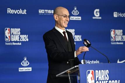 Jan 11, 2024; Paris, FRANCE; NBA commissioner Adam Silver speaks before a NBA Game between the Brooklyn Nets and the Cleveland Cavaliers at AccorHotels Arena. Mandatory Credit:  Alexis Reau/Presse Sports via USA TODAY Sports