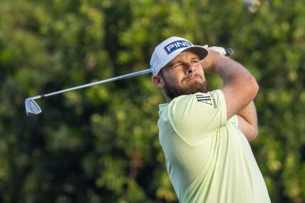 January 11, 2024; Honolulu, Hawaii, USA; Tyrrell Hatton hits his tee shot on the 11th hole during the first round of the Sony Open in Hawaii golf tournament at Waialae Country Club. Mandatory Credit: Kyle Terada-USA TODAY Sports