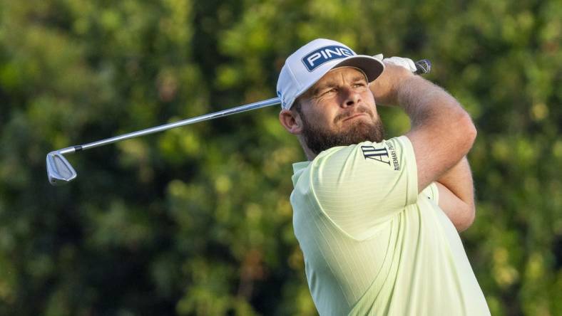 January 11, 2024; Honolulu, Hawaii, USA; Tyrrell Hatton hits his tee shot on the 11th hole during the first round of the Sony Open in Hawaii golf tournament at Waialae Country Club. Mandatory Credit: Kyle Terada-USA TODAY Sports