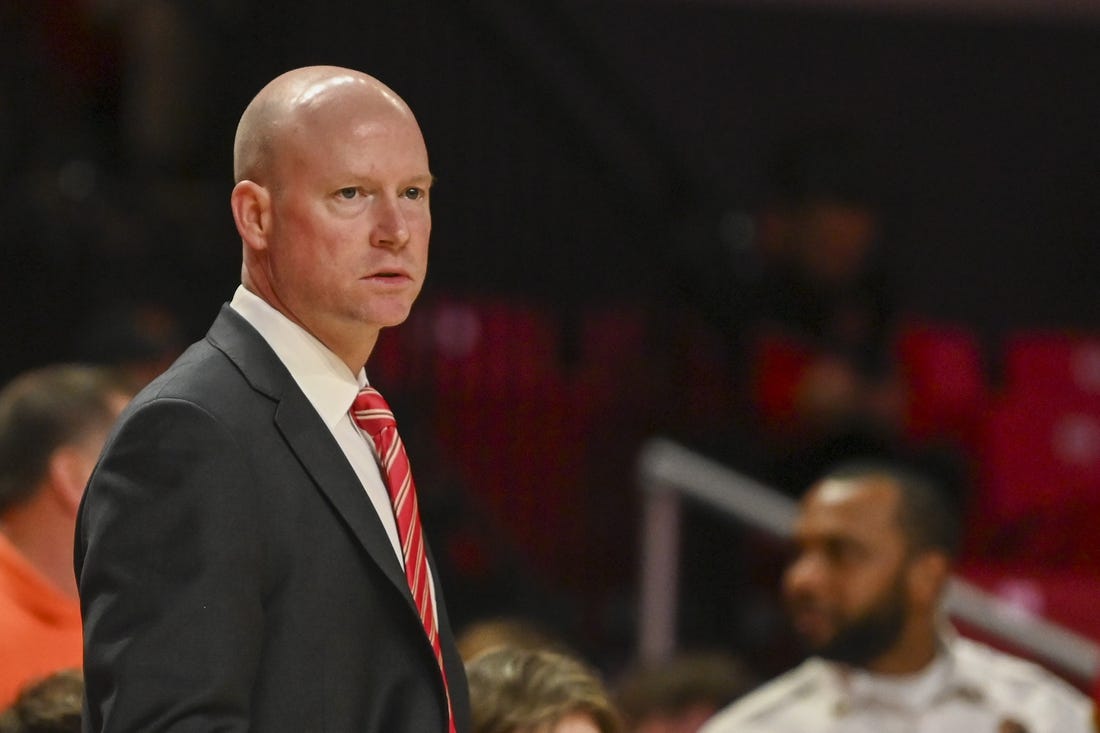 Jan 11, 2024; College Park, Maryland, USA; Maryland Terrapins head coach Kevin Willard looks onto the court during the first half against the Michigan Wolverines  at Xfinity Center. Mandatory Credit: Tommy Gilligan-USA TODAY Sports