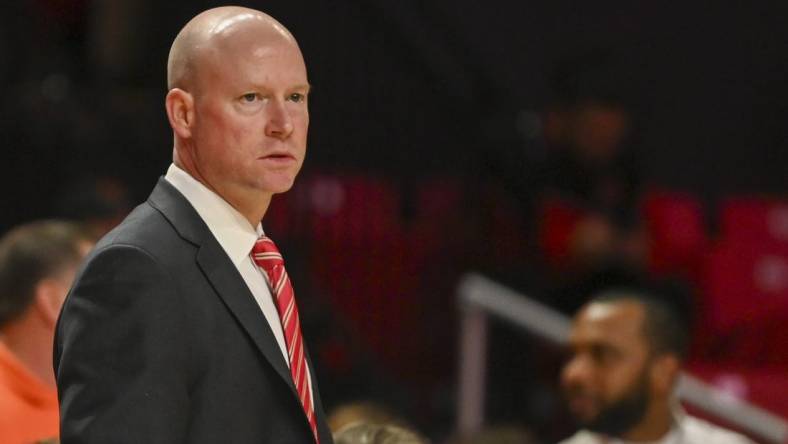 Jan 11, 2024; College Park, Maryland, USA; Maryland Terrapins head coach Kevin Willard looks onto the court during the first half against the Michigan Wolverines  at Xfinity Center. Mandatory Credit: Tommy Gilligan-USA TODAY Sports