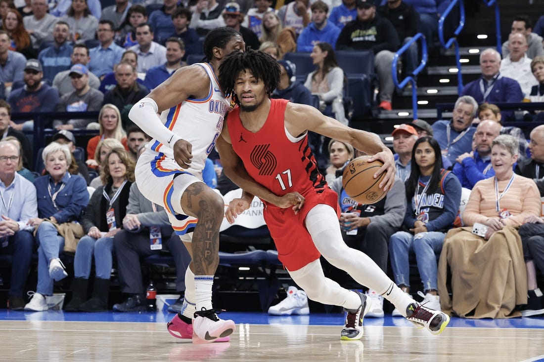 Jan 11, 2024; Oklahoma City, Oklahoma, USA; Portland Trail Blazers guard Shaedon Sharpe (17) drives around Oklahoma City Thunder forward Jalen Williams (8) during the second quarter at Paycom Center. Mandatory Credit: Alonzo Adams-USA TODAY Sports