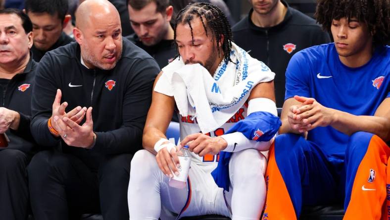 Jan 11, 2024; Dallas, Texas, USA;  New York Knicks guard Jalen Brunson (11) reacts on the bench during the first half against the Dallas Mavericks at American Airlines Center. Mandatory Credit: Kevin Jairaj-USA TODAY Sports