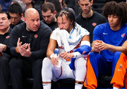 Jan 11, 2024; Dallas, Texas, USA;  New York Knicks guard Jalen Brunson (11) reacts on the bench during the first half against the Dallas Mavericks at American Airlines Center. Mandatory Credit: Kevin Jairaj-USA TODAY Sports