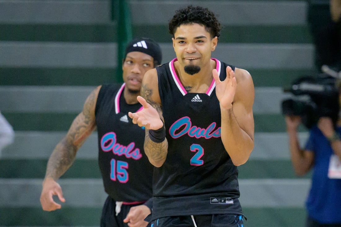 Jan 11, 2024; New Orleans, Louisiana, USA;  Florida Atlantic Owls guard Nicholas Boyd (2) reacts after making a three point basket against the Tulane Green Wave during the first half at Avron B. Fogelman Arena in Devlin Fieldhouse. Mandatory Credit: Matthew Hinton-USA TODAY Sports