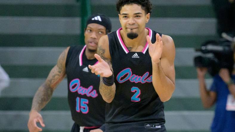 Jan 11, 2024; New Orleans, Louisiana, USA;  Florida Atlantic Owls guard Nicholas Boyd (2) reacts after making a three point basket against the Tulane Green Wave during the first half at Avron B. Fogelman Arena in Devlin Fieldhouse. Mandatory Credit: Matthew Hinton-USA TODAY Sports