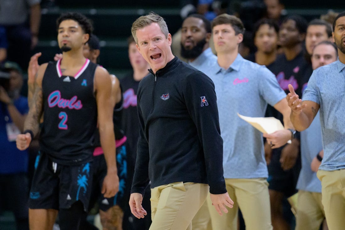 Jan 11, 2024; New Orleans, Louisiana, USA; Florida Atlantic Owls head coach Dusty May reacts during the first half against the Tulane Green Wave at Avron B. Fogelman Arena in Devlin Fieldhouse. Mandatory Credit: Matthew Hinton-USA TODAY Sports