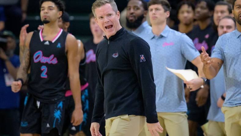 Jan 11, 2024; New Orleans, Louisiana, USA; Florida Atlantic Owls head coach Dusty May reacts during the first half against the Tulane Green Wave at Avron B. Fogelman Arena in Devlin Fieldhouse. Mandatory Credit: Matthew Hinton-USA TODAY Sports