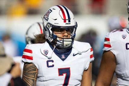 Nov 25, 2023; Tempe, Arizona, USA; Arizona Wildcats quarterback Jayden de Laura (7) against the Arizona State Sun Devils during the Territorial Cup at Mountain America Stadium. Mandatory Credit: Mark J. Rebilas-USA TODAY Sports