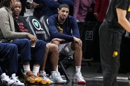 Jan 12, 2024; Atlanta, Georgia, USA; Indiana Pacers guard Tyrese Haliburton (0) on the sidelines before the game against the Atlanta Hawks at State Farm Arena. Mandatory Credit: Dale Zanine-USA TODAY Sports