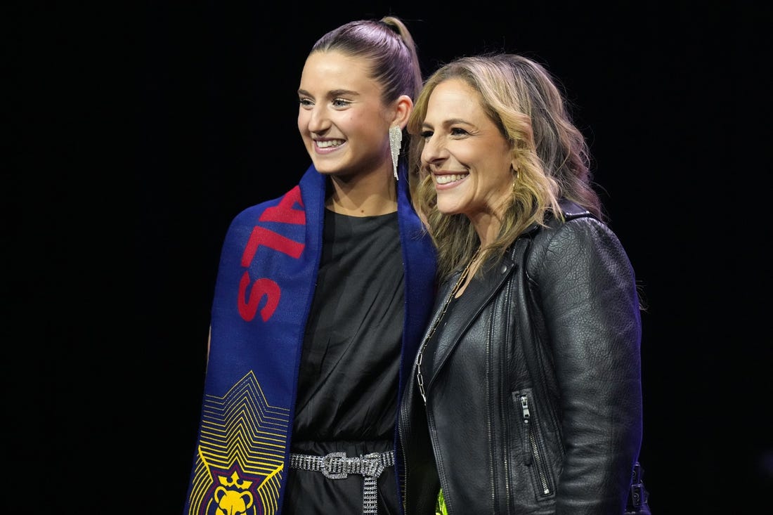 Jan 12, 2024; Anaheim, California, USA; University of North Carolina player Ally Sentnor (left) poses with NWSL commissioner Jessica Berman (right) after being selected by Utah Royals FC during the 2024 NWSL Draft at Anaheim Convention Center. Mandatory Credit: Kirby Lee-USA TODAY Sports