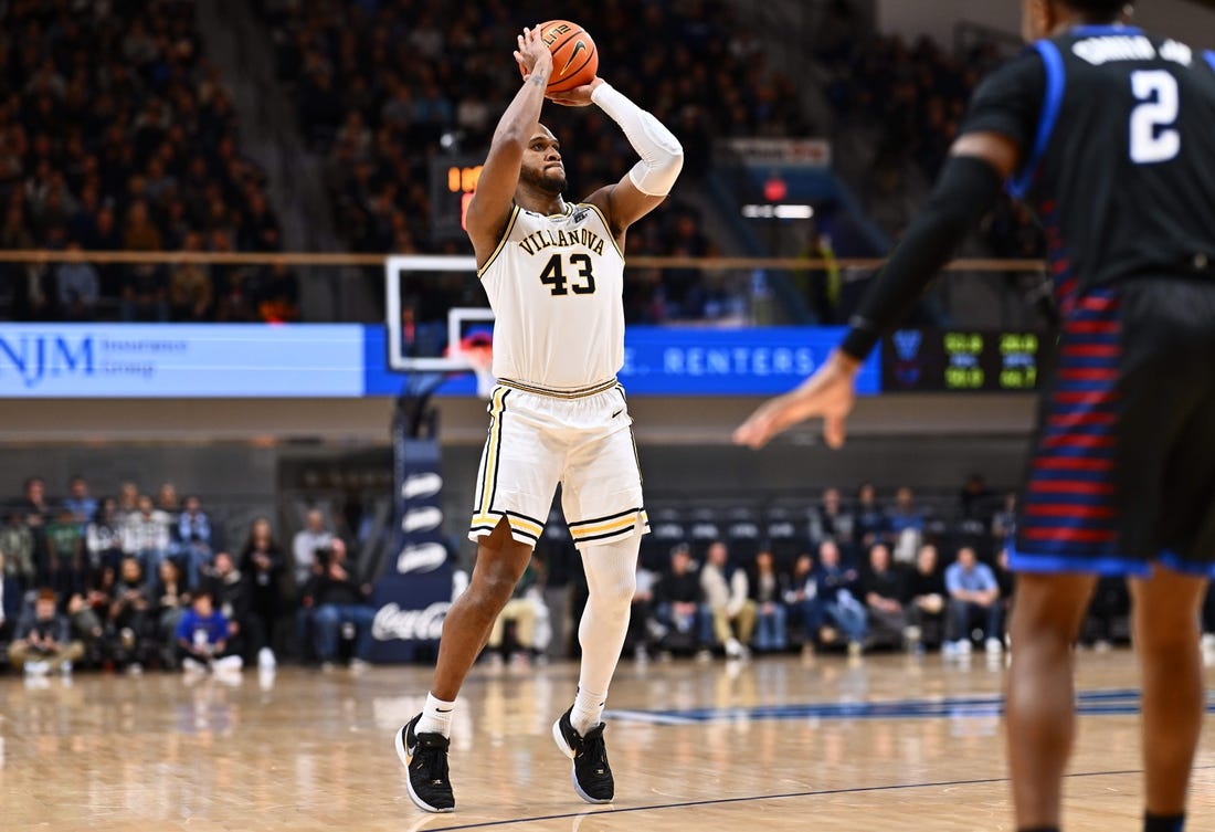 Jan 12, 2024; Villanova, Pennsylvania, USA; Villanova Wildcats forward Eric Dixon (43) shoots against the Depaul Blue Demons in the first half at William B. Finneran Pavilion. Mandatory Credit: Kyle Ross-USA TODAY Sports