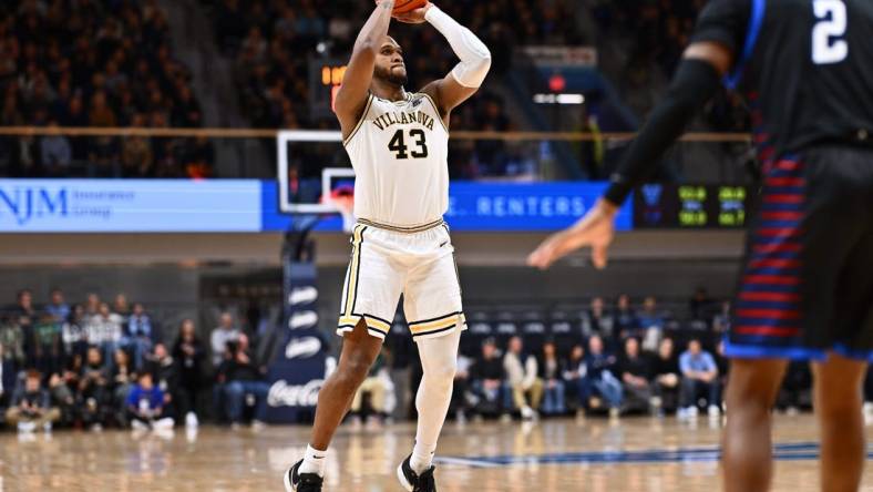 Jan 12, 2024; Villanova, Pennsylvania, USA; Villanova Wildcats forward Eric Dixon (43) shoots against the Depaul Blue Demons in the first half at William B. Finneran Pavilion. Mandatory Credit: Kyle Ross-USA TODAY Sports