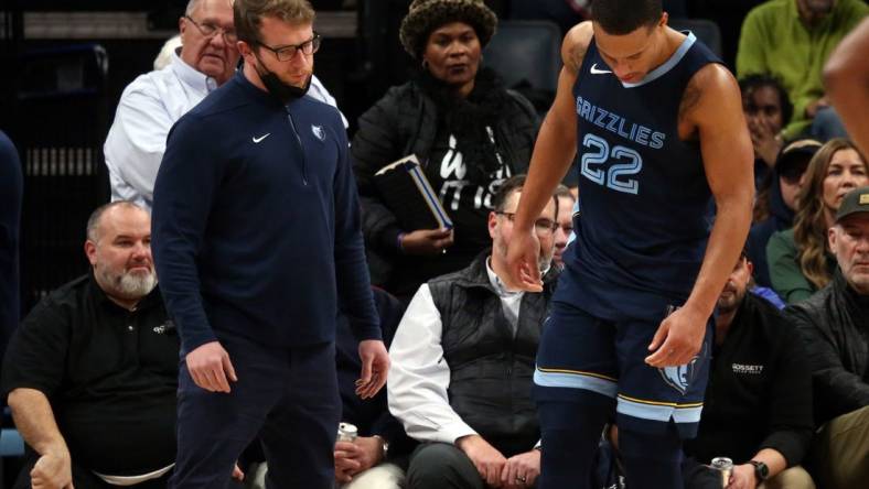 Jan 12, 2024; Memphis, Tennessee, USA; Memphis Grizzlies guard Desmond Bane (22) is checked by medical staff and would leave the game after a fall during the second half against the Los Angeles Clippers at FedExForum. Mandatory Credit: Petre Thomas-USA TODAY Sports