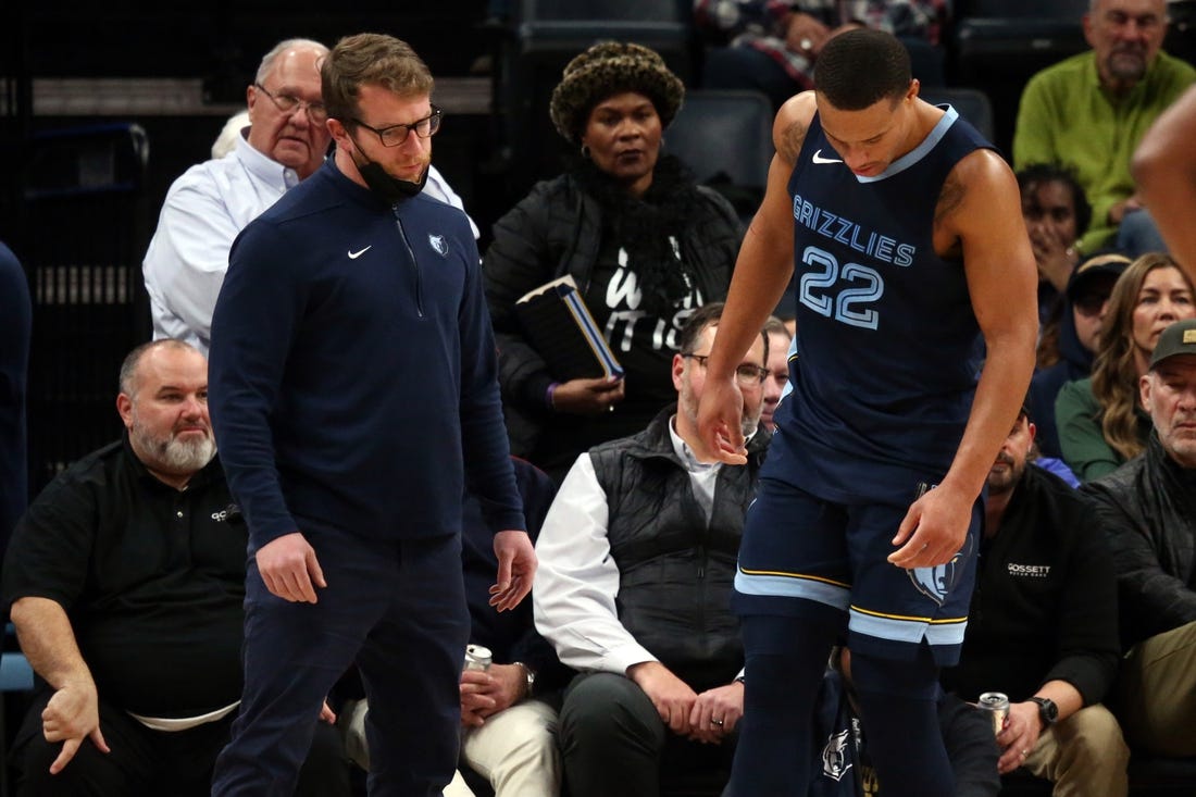 Jan 12, 2024; Memphis, Tennessee, USA; Memphis Grizzlies guard Desmond Bane (22) is checked by medical staff and would leave the game after a fall during the second half against the Los Angeles Clippers at FedExForum. Mandatory Credit: Petre Thomas-USA TODAY Sports