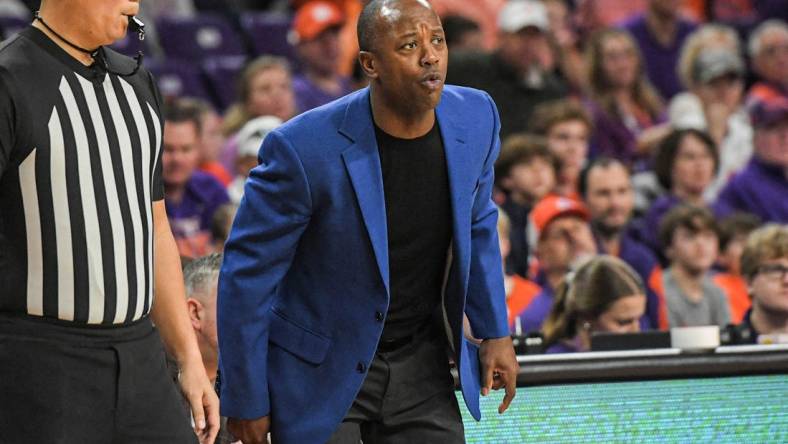 Jan 13, 2024; Clemson, South Carolina, USA; Boston College Eagles head coach Earl Grant reacts during the first half against the Clemson Tigers at Littlejohn Coliseum. Mandatory Credit: Ken Ruinard-USA TODAY Sports