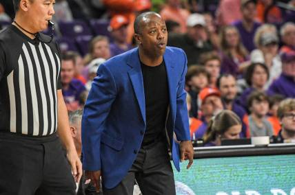 Jan 13, 2024; Clemson, South Carolina, USA; Boston College Eagles head coach Earl Grant reacts during the first half against the Clemson Tigers at Littlejohn Coliseum. Mandatory Credit: Ken Ruinard-USA TODAY Sports