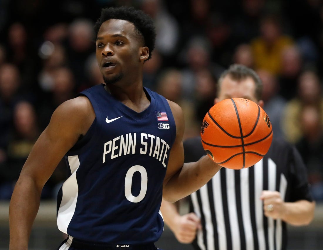 Penn State Nittany Lions guard Kanye Clary (0) drives to the basket during the NCAA men   s basketball game against the Purdue Boilermakers, Saturday, Jan. 13, 2024, at Mackey Arena in West Lafayette, Ind.