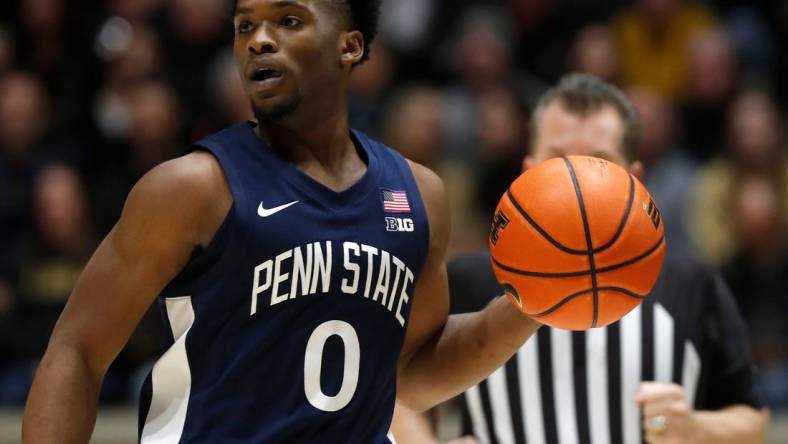 Penn State Nittany Lions guard Kanye Clary (0) drives to the basket during the NCAA men   s basketball game against the Purdue Boilermakers, Saturday, Jan. 13, 2024, at Mackey Arena in West Lafayette, Ind.