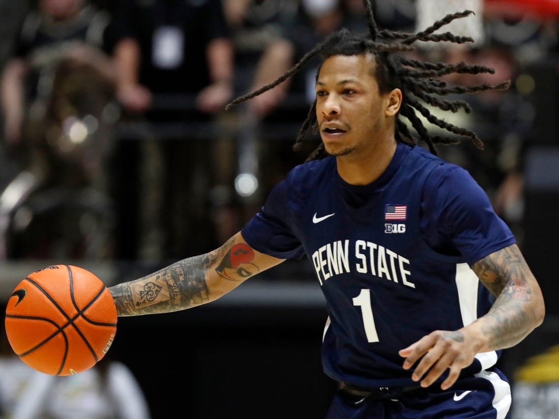 Penn State Nittany Lions guard Ace Baldwin Jr. (1) drives to the basket during the NCAA men   s basketball game against the Purdue Boilermakers, Saturday, Jan. 13, 2024, at Mackey Arena in West Lafayette, Ind.