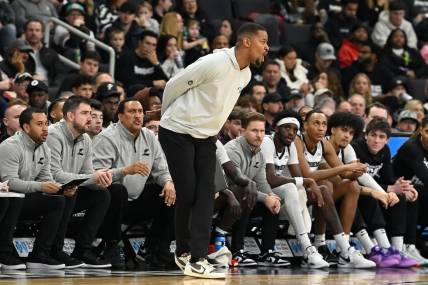 Jan 13, 2024; Providence, Rhode Island, USA; Providence Friars head coach Kim English reacts during the first half against the Xavier Musketeers at Amica Mutual Pavilion. Mandatory Credit:Eric Canha-USA TODAY Sports