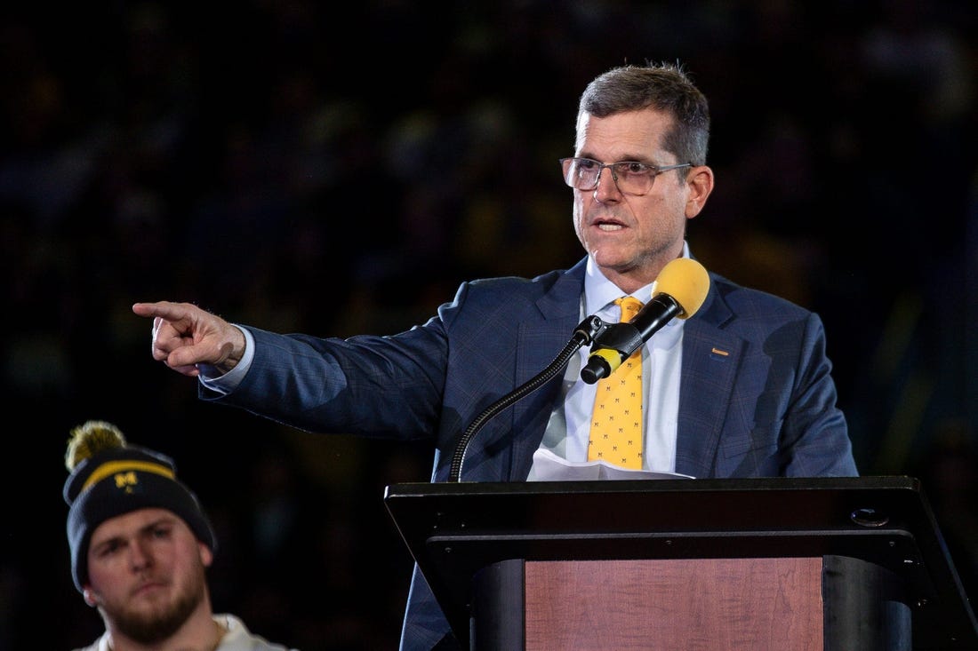 Michigan head coach Jim Harbaugh speaks during the national championship celebration at Crisler Center in Ann Arbor on Saturday, Jan. 13, 2024.