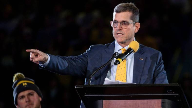 Michigan head coach Jim Harbaugh speaks during the national championship celebration at Crisler Center in Ann Arbor on Saturday, Jan. 13, 2024.