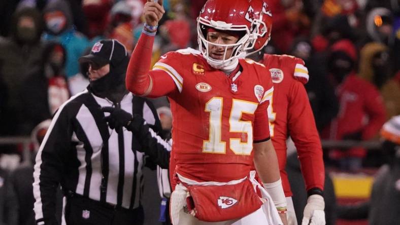 Jan 13, 2024; Kansas City, Missouri, USA; Kansas City Chiefs quarterback Patrick Mahomes (15) reacts during the second half of the 2024 AFC wild card game at GEHA Field at Arrowhead Stadium. Mandatory Credit: Denny Medley-USA TODAY Sports