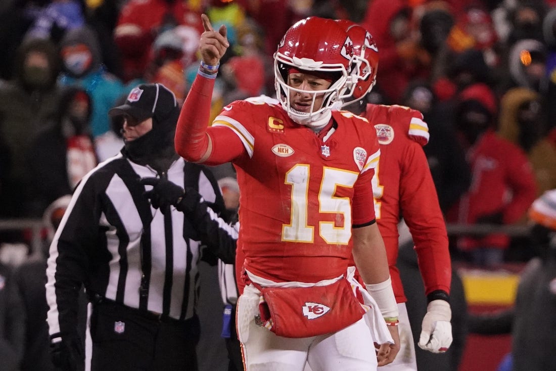 Jan 13, 2024; Kansas City, Missouri, USA; Kansas City Chiefs quarterback Patrick Mahomes (15) reacts during the second half of the 2024 AFC wild card game at GEHA Field at Arrowhead Stadium. Mandatory Credit: Denny Medley-USA TODAY Sports